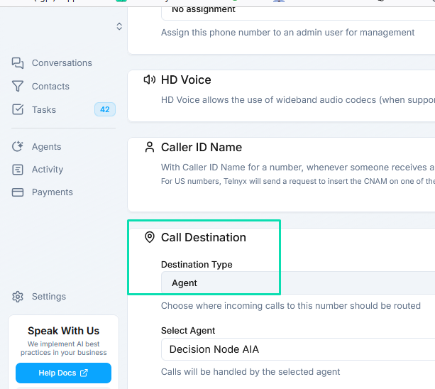Call Destination Options-AI Agent